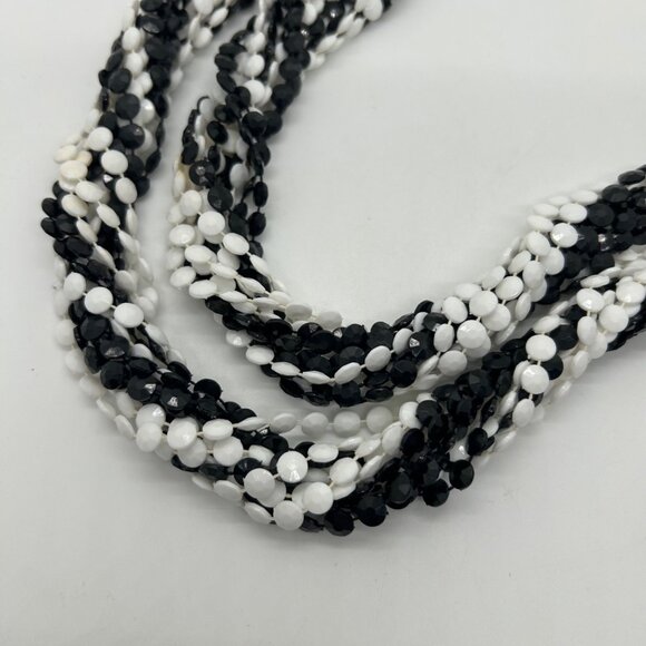 Vintage Multi-Strand Black White Necklace 1970s Acrylic Bead Torsade Statement - Picture 5 of 16